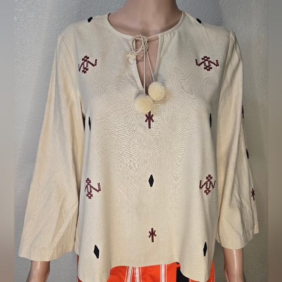 Madewell Embroidered  Top Raw Silk Noil Yarn Size Sm Beige Tribal Print Western - Picture 13 of 14